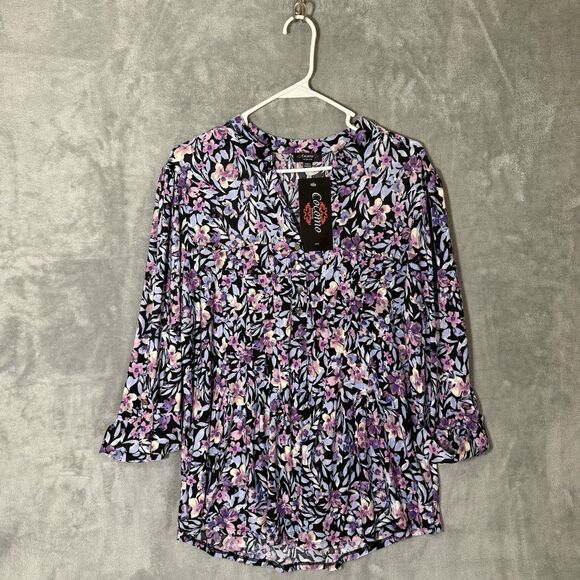 NWT Cocomo Woman Top 1X Roll Tab Sleeves Purple Floral Popover Wrinkle Free Plus - Picture 1 of 10